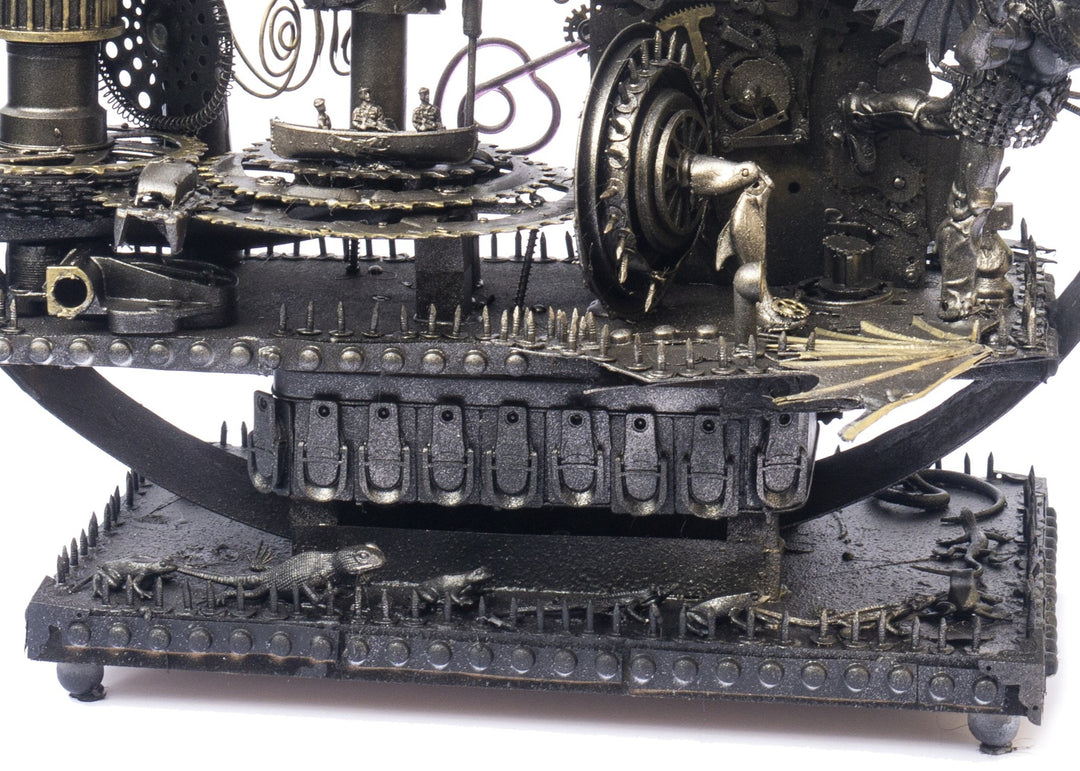 “Winged Minotaur XVII” by Andrew Stevens – a one-off steampunk sculpture crafted from recycled gears, engine parts and found objects. Blending myth and machinery, the piece features bronze patina tones and intricate mechanical detailing.