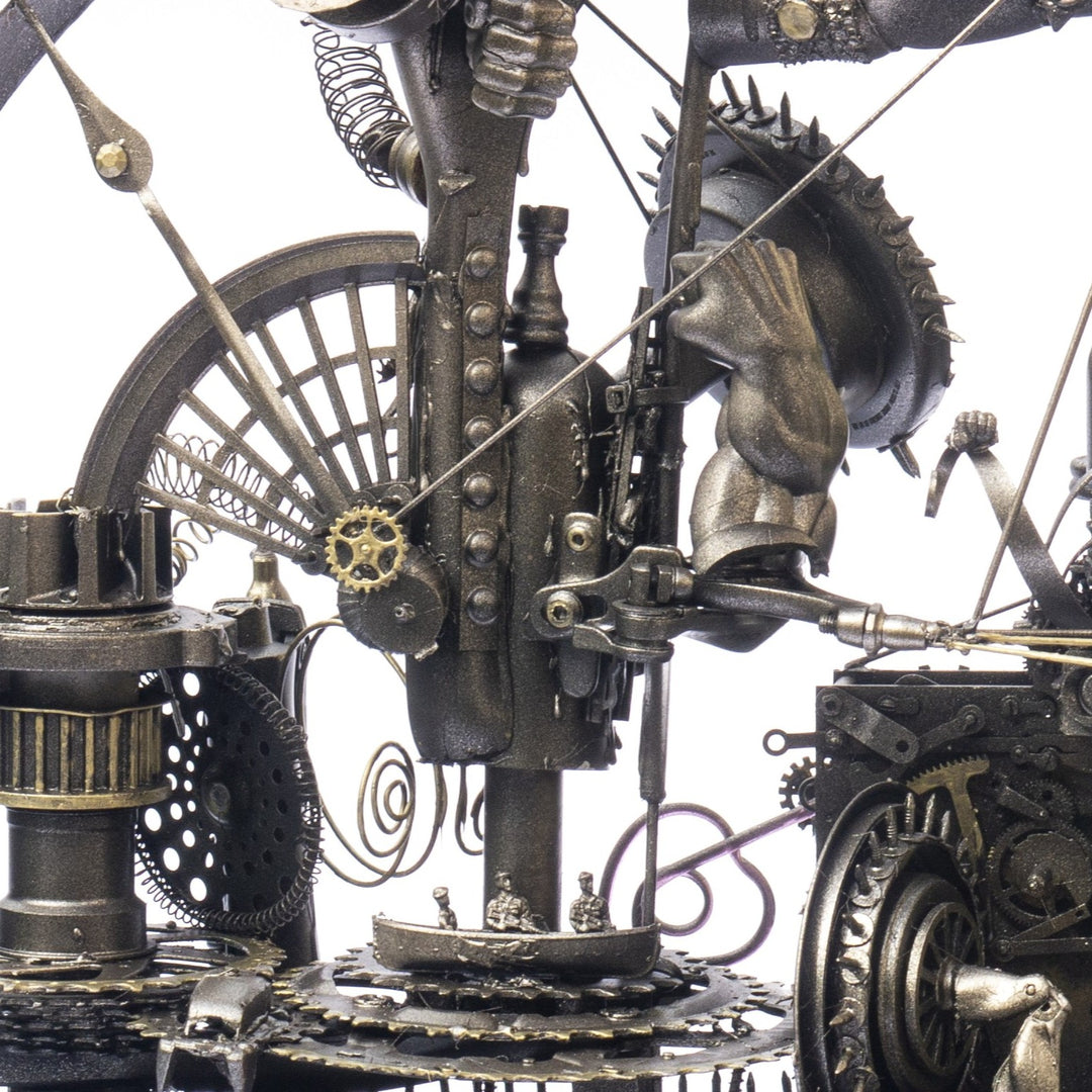 “Winged Minotaur XVII” by Andrew Stevens – a one-off steampunk sculpture crafted from recycled gears, engine parts and found objects. Blending myth and machinery, the piece features bronze patina tones and intricate mechanical detailing.