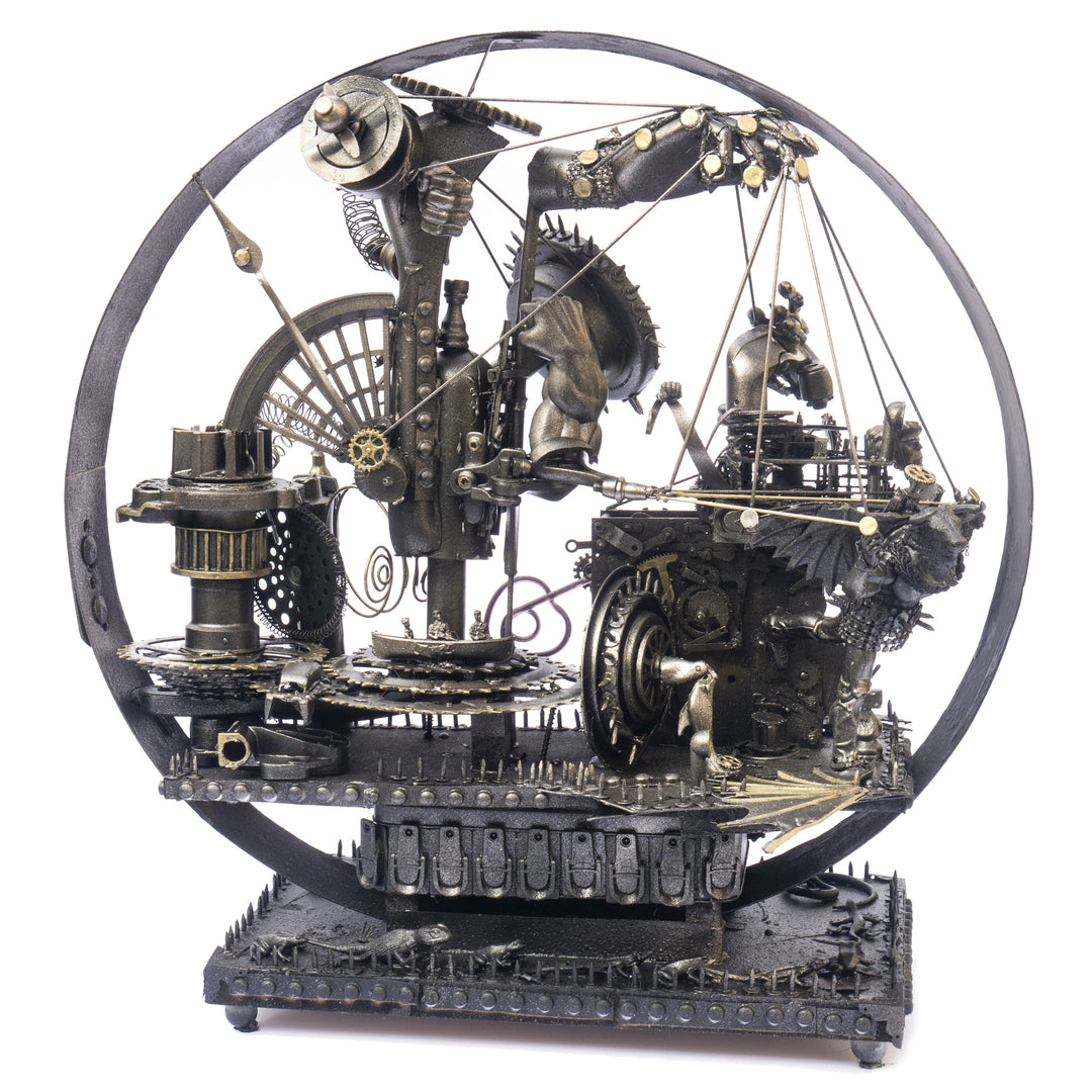 “Winged Minotaur XVII” by Andrew Stevens – a one-off steampunk sculpture crafted from recycled gears, engine parts and found objects. Blending myth and machinery, the piece features bronze patina tones and intricate mechanical detailing.