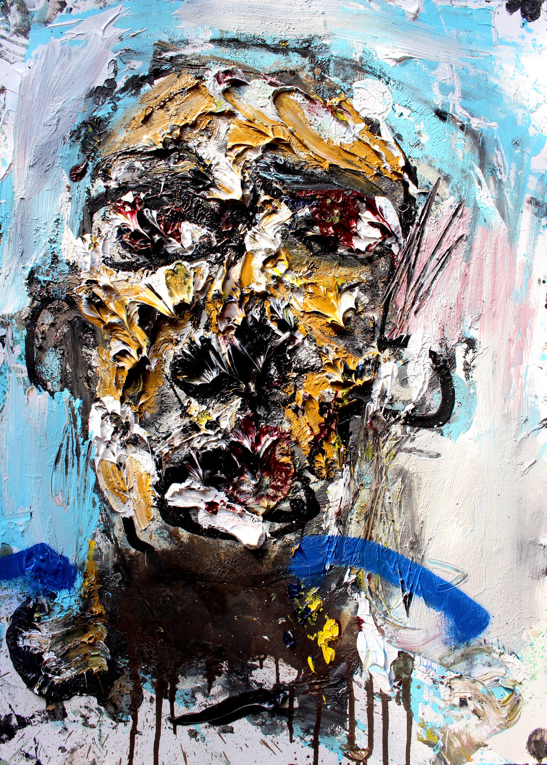 Highly textured abstract portrait of a face in heavy impasto, with sweeping strokes of ochre, black, and crimson layered over pale blue and white. The distorted features emerge from a chaotic build-up of paint, suggesting emotional intensity and raw expression. A bold splash of cobalt blue curves along the shoulders, while splatters and drips add a sense of motion and unrest.