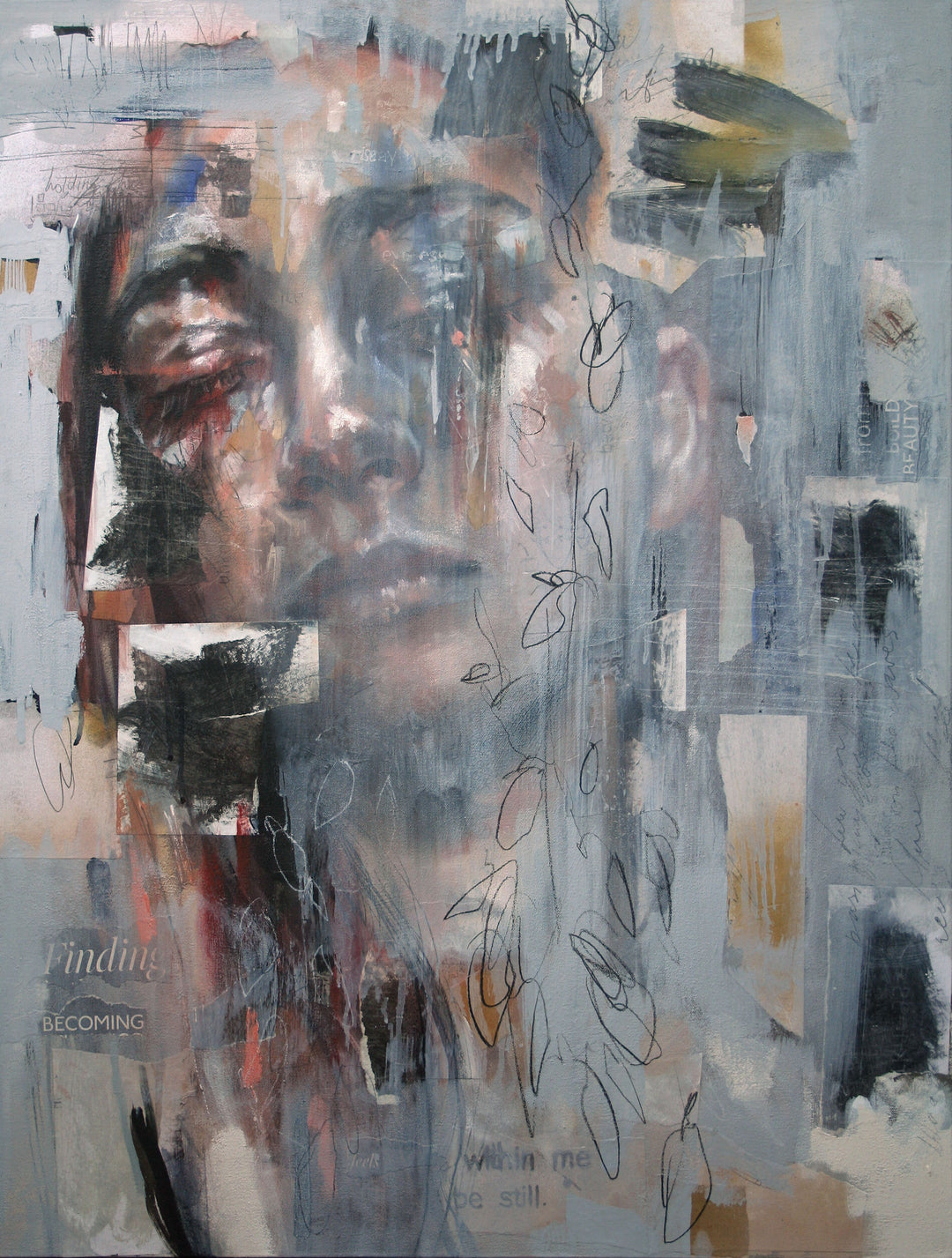 A haunting and poetic mixed media portrait by Toni Cogdell featuring a softly closed-eyed face emerging from layers of expressive brushwork, hand-drawn pencil lines, and textured collage fragments. The composition evokes a quiet sense of introspection and transformation, with words like finding, becoming, and be still subtly embedded within the work. Rendered in cool greys, muted blues, ochres and blush tones, the piece captures the emotional complexity of inner stillness.