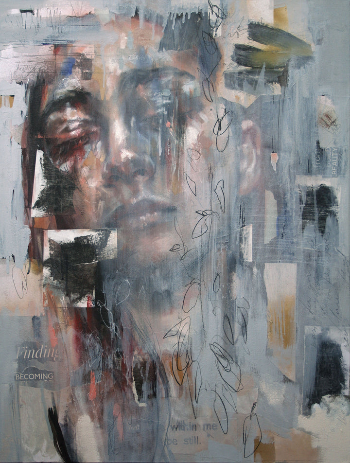 A haunting and poetic mixed media portrait by Toni Cogdell featuring a softly closed-eyed face emerging from layers of expressive brushwork, hand-drawn pencil lines, and textured collage fragments. The composition evokes a quiet sense of introspection and transformation, with words like finding, becoming, and be still subtly embedded within the work. Rendered in cool greys, muted blues, ochres and blush tones, the piece captures the emotional complexity of inner stillness.