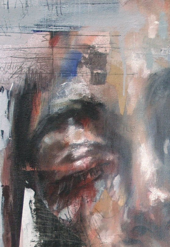 A haunting and poetic mixed media portrait by Toni Cogdell featuring a softly closed-eyed face emerging from layers of expressive brushwork, hand-drawn pencil lines, and textured collage fragments. The composition evokes a quiet sense of introspection and transformation, with words like finding, becoming, and be still subtly embedded within the work. Rendered in cool greys, muted blues, ochres and blush tones, the piece captures the emotional complexity of inner stillness.