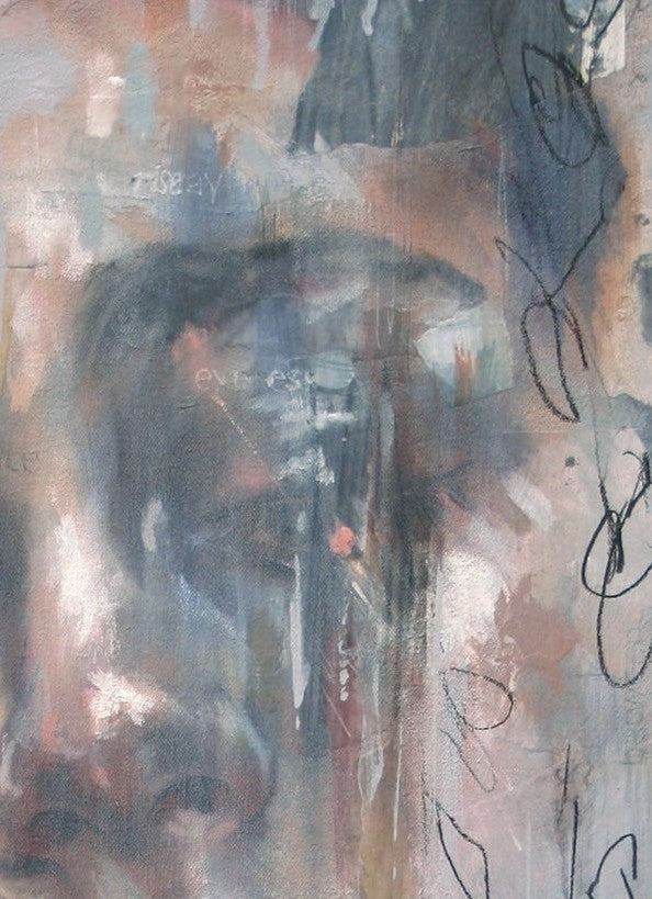 A haunting and poetic mixed media portrait by Toni Cogdell featuring a softly closed-eyed face emerging from layers of expressive brushwork, hand-drawn pencil lines, and textured collage fragments. The composition evokes a quiet sense of introspection and transformation, with words like finding, becoming, and be still subtly embedded within the work. Rendered in cool greys, muted blues, ochres and blush tones, the piece captures the emotional complexity of inner stillness.