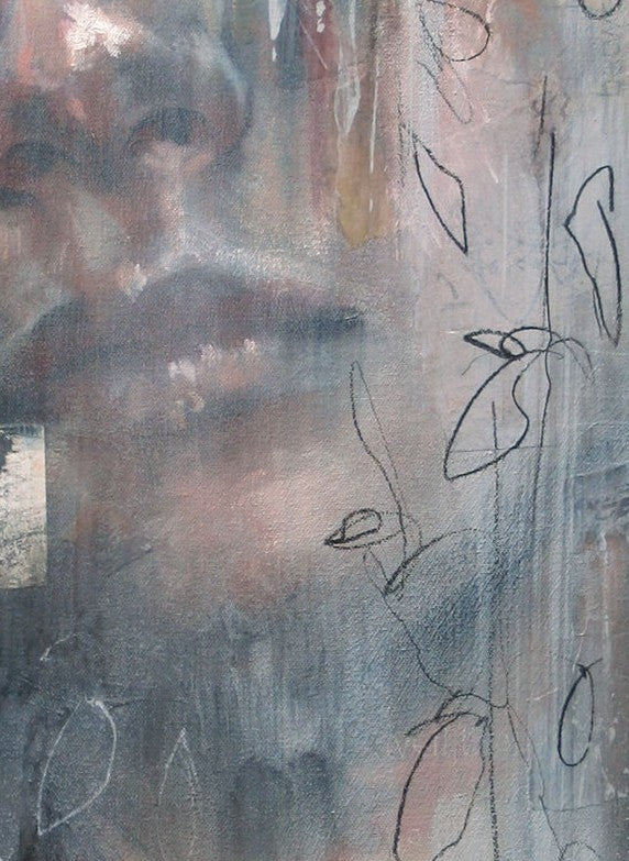 A haunting and poetic mixed media portrait by Toni Cogdell featuring a softly closed-eyed face emerging from layers of expressive brushwork, hand-drawn pencil lines, and textured collage fragments. The composition evokes a quiet sense of introspection and transformation, with words like finding, becoming, and be still subtly embedded within the work. Rendered in cool greys, muted blues, ochres and blush tones, the piece captures the emotional complexity of inner stillness.