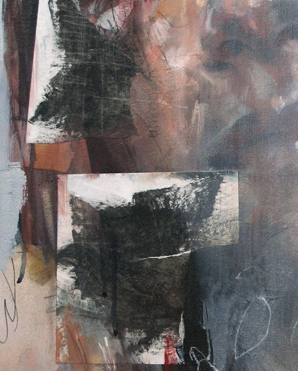 A haunting and poetic mixed media portrait by Toni Cogdell featuring a softly closed-eyed face emerging from layers of expressive brushwork, hand-drawn pencil lines, and textured collage fragments. The composition evokes a quiet sense of introspection and transformation, with words like finding, becoming, and be still subtly embedded within the work. Rendered in cool greys, muted blues, ochres and blush tones, the piece captures the emotional complexity of inner stillness.
