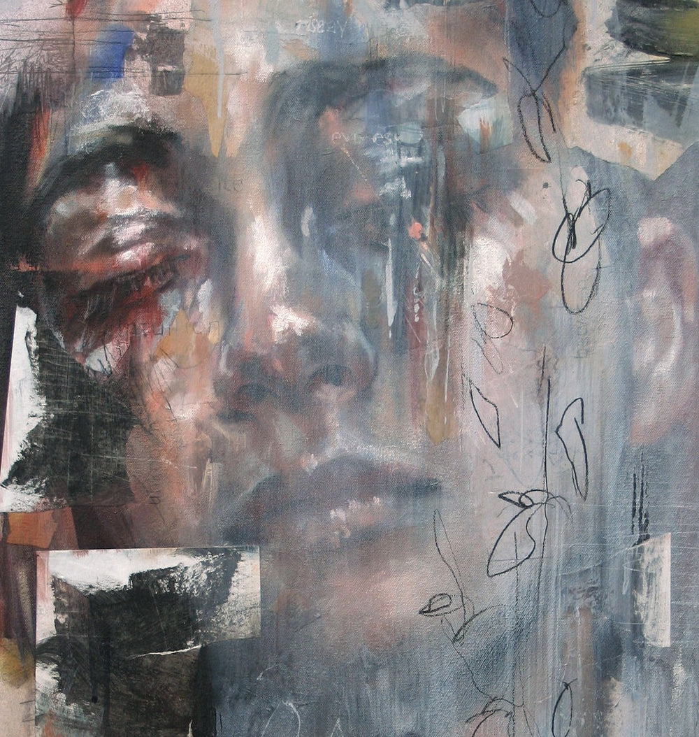 A haunting and poetic mixed media portrait by Toni Cogdell featuring a softly closed-eyed face emerging from layers of expressive brushwork, hand-drawn pencil lines, and textured collage fragments. The composition evokes a quiet sense of introspection and transformation, with words like finding, becoming, and be still subtly embedded within the work. Rendered in cool greys, muted blues, ochres and blush tones, the piece captures the emotional complexity of inner stillness.