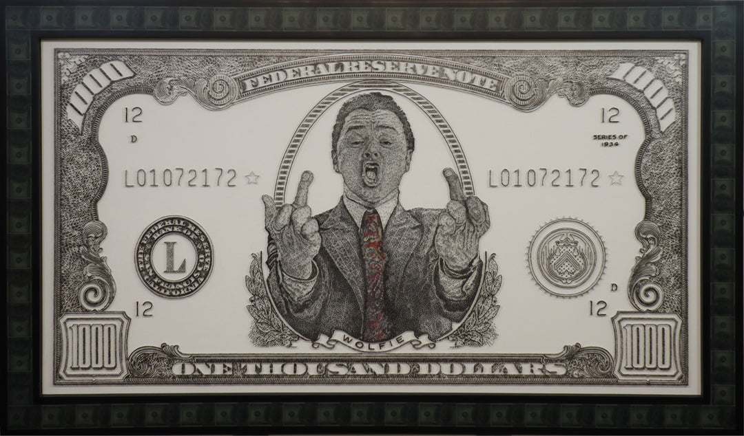 Large-scale string and nail artwork depicting a stylised one-thousand-dollar bill featuring the Wolf of Wall Street figure at its centre, captured mid-shout with raised middle fingers, intricately crafted in monochrome thread with fine detailing.