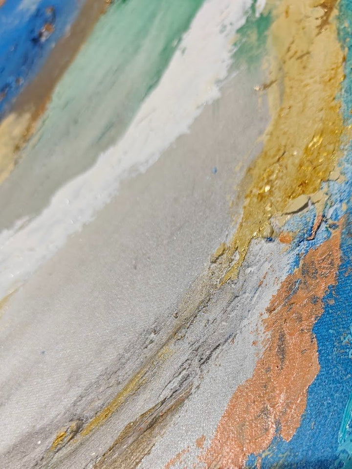 Vibrant abstract painting with swirling strokes of blue, green, white, and gold, evoking the motion of water and natural elements