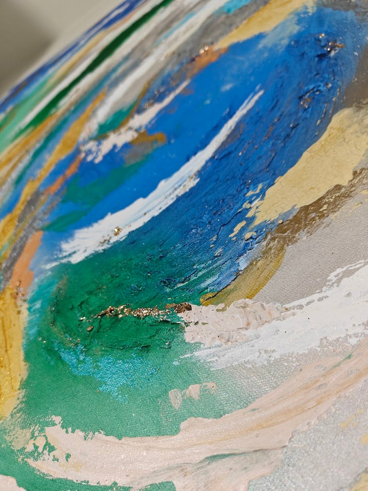 Vibrant abstract painting with swirling strokes of blue, green, white, and gold, evoking the motion of water and natural elements