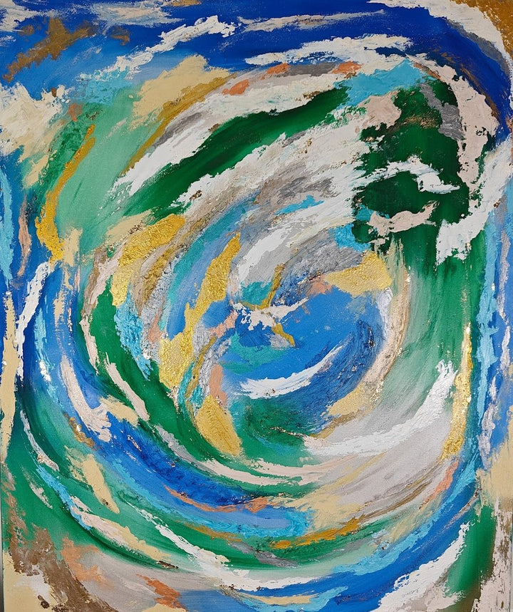 Vibrant abstract painting with swirling strokes of blue, green, white, and gold, evoking the motion of water and natural elements