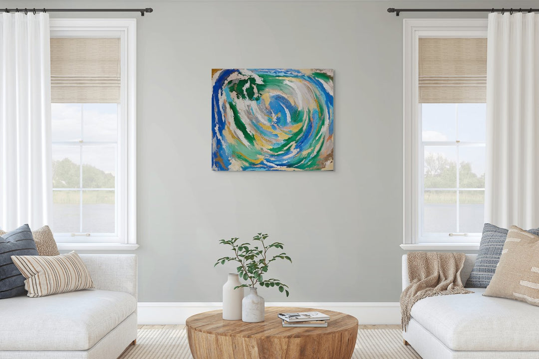 Vibrant abstract painting with swirling strokes of blue, green, white, and gold, evoking the motion of water and natural elements