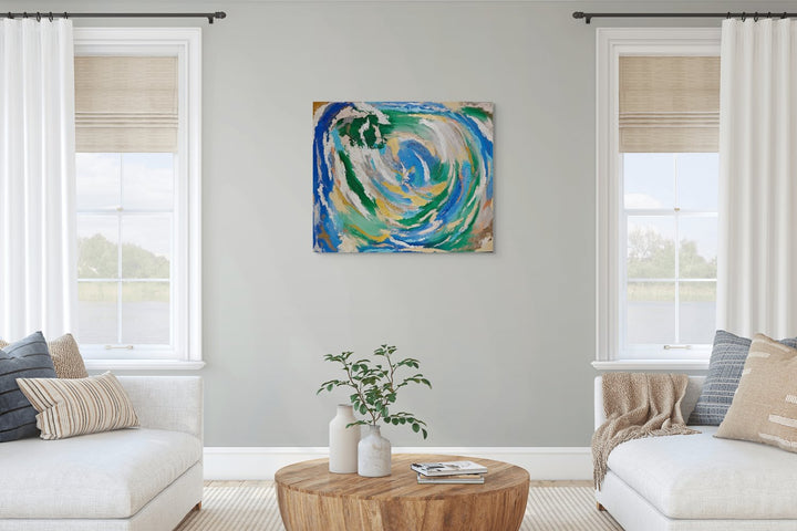 Vibrant abstract painting with swirling strokes of blue, green, white, and gold, evoking the motion of water and natural elements