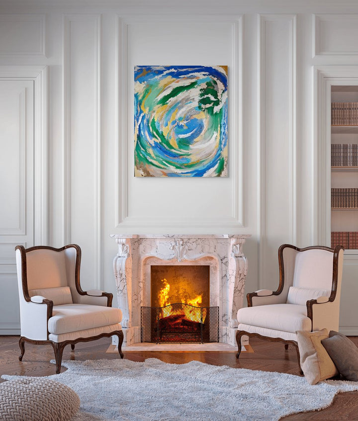 Vibrant abstract painting with swirling strokes of blue, green, white, and gold, evoking the motion of water and natural elements