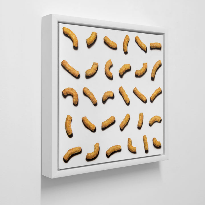 Baked Wotsits 16.5g Pack 82 KCal, 2024 by Simon Taylor – photorealistic oil painting on linen depicting rows of curved orange corn snacks arranged against a white background, each crisp rendered with detailed texture, granular surface and soft shadow.