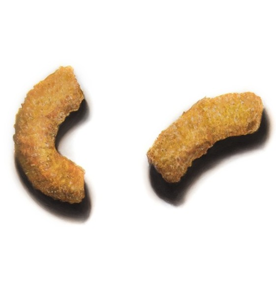 Baked Wotsits 16.5g Pack 82 KCal, 2024 by Simon Taylor – photorealistic oil painting on linen depicting rows of curved orange corn snacks arranged against a white background, each crisp rendered with detailed texture, granular surface and soft shadow.