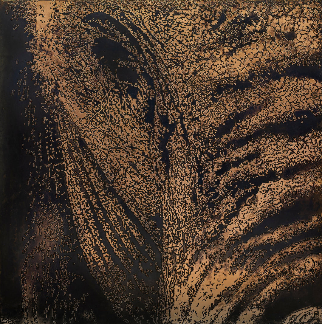 Abstract 2D copper etching with sweeping, organic patterns and intricate textures in rich bronze and dark tones

