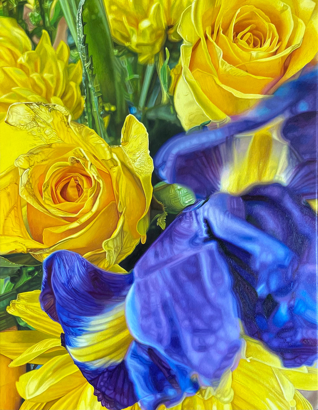Oil painting of overlapping yellow roses and blue iris flowers by Dide Siemmond, viewed at close range with petals filling the frame. Saturated yellow blooms and deep cobalt and ultramarine blue iris petals press forward and recede through layered focus, with translucent edges, soft shadows, and luminous highlights creating an immersive, photographic sense of depth and colour.