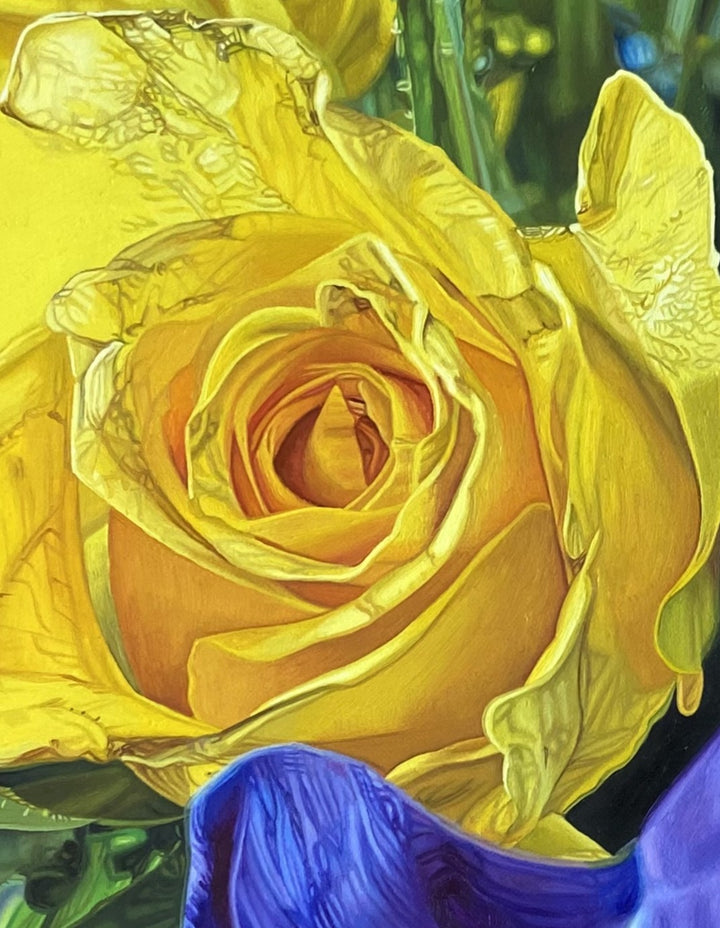 Oil painting of overlapping yellow roses and blue iris flowers by Dide Siemmond, viewed at close range with petals filling the frame. Saturated yellow blooms and deep cobalt and ultramarine blue iris petals press forward and recede through layered focus, with translucent edges, soft shadows, and luminous highlights creating an immersive, photographic sense of depth and colour.