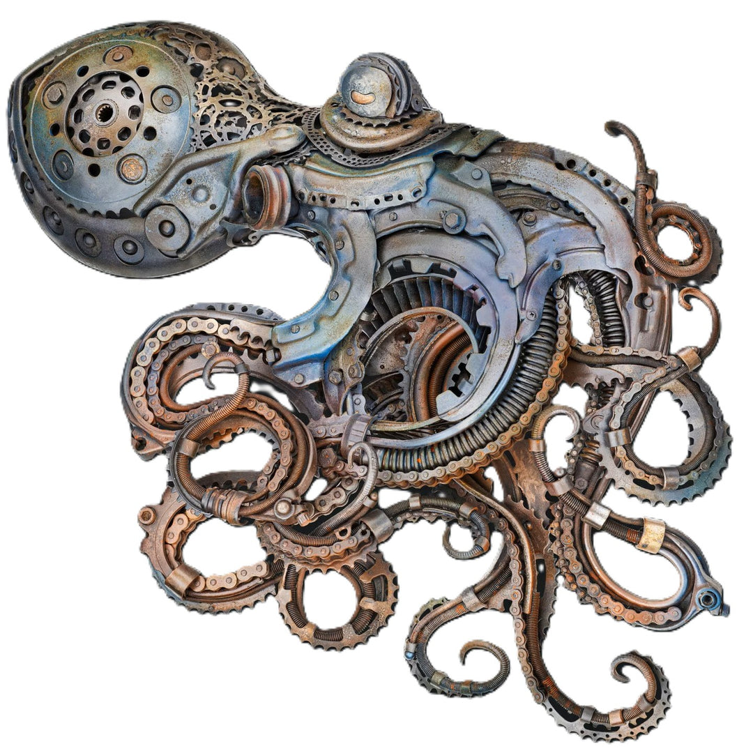 Intricate octopus sculpture crafted from reclaimed metal and gears, blending steampunk style with marine form.