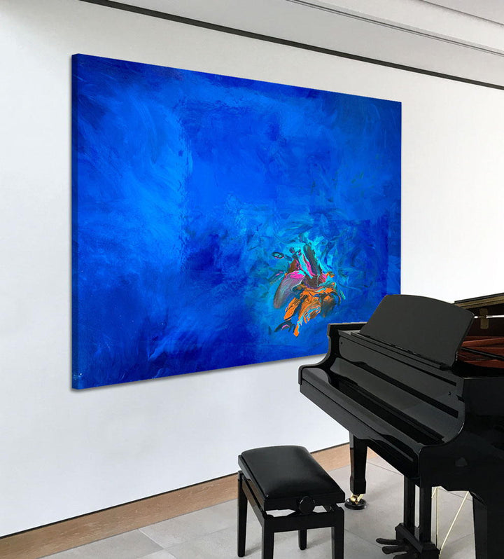 Large abstract painting “Into the Blue” by Swarez — deep ocean-inspired composition with layered shades of cobalt, ultramarine, turquoise, and teal blue. Vivid bursts of fiery orange, vibrant fuchsia, aqua, and rich purple emerge in the centre, with swirling, glossy enamel textures creating movement and depth.