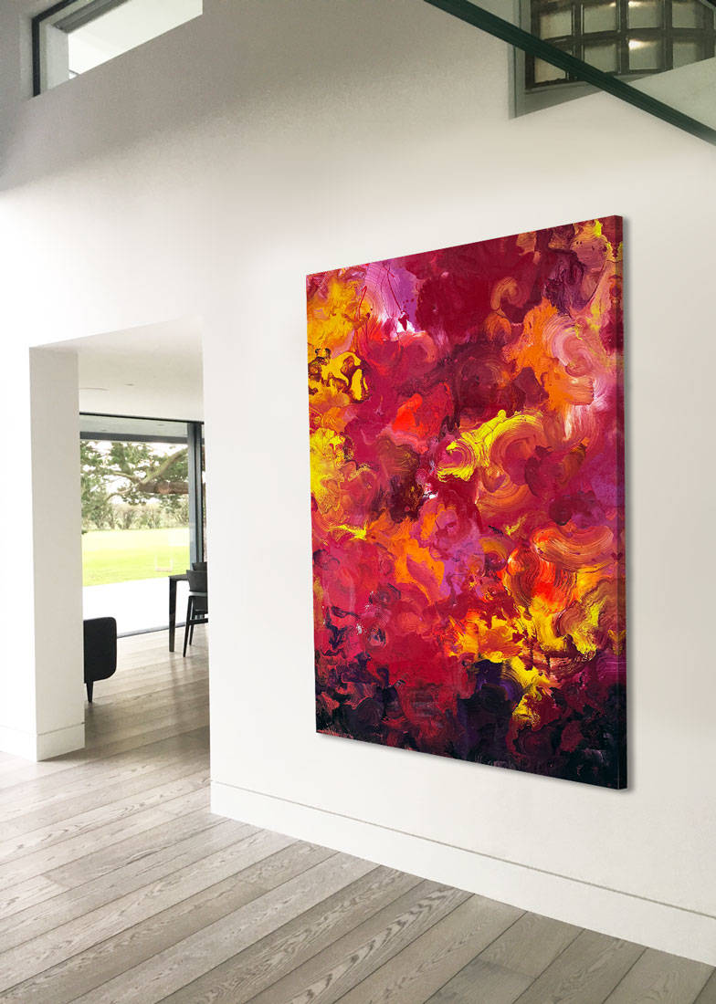 Large abstract painting “Crocosmia” by Swarez — vibrant swirling composition of fiery reds, deep crimson, burnt orange, radiant yellow, and accents of magenta, pink, purple, black, and white. Expressive layered enamel paint with fluid circular motions and botanical-inspired energy.