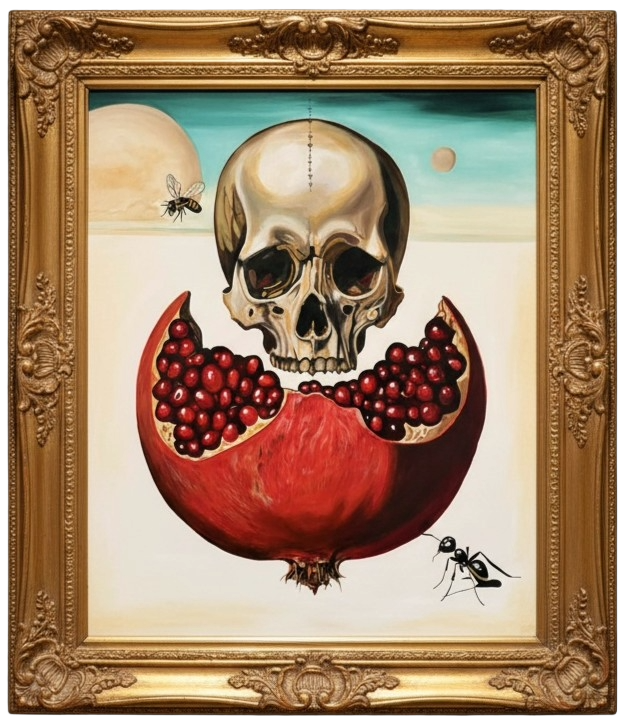 Victoria Saint Alchemy oil painting featuring a skull above a split pomegranate with rich red seeds, symbolic elements of transformation, life and mortality set against a surreal, minimalist landscape.