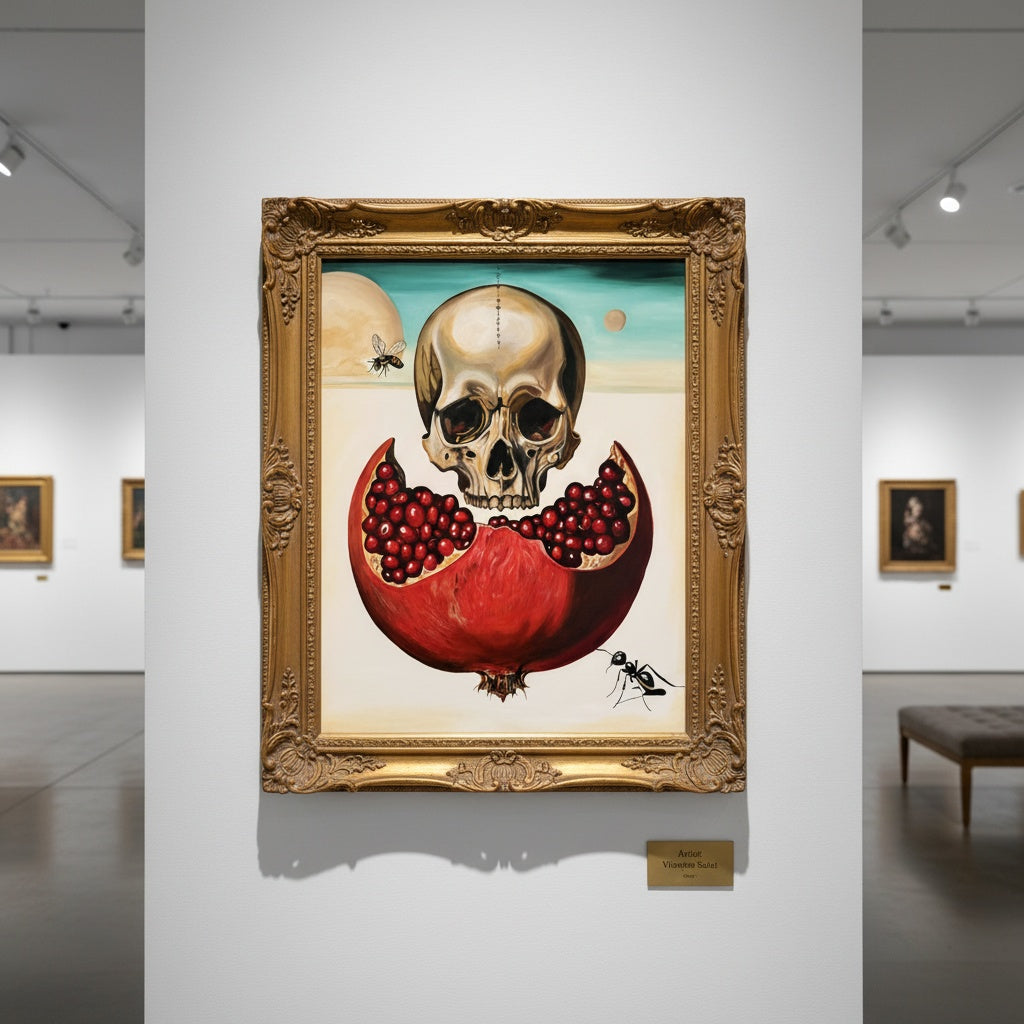 Victoria Saint Alchemy oil painting featuring a skull above a split pomegranate with rich red seeds, symbolic elements of transformation, life and mortality set against a surreal, minimalist landscape.