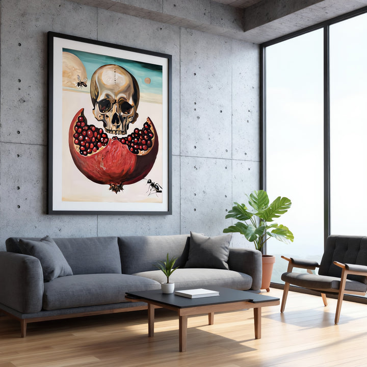Victoria Saint Alchemy print featuring a skull above a split pomegranate with rich red seeds, symbolic elements of transformation, life and mortality set against a surreal, minimalist landscape.
