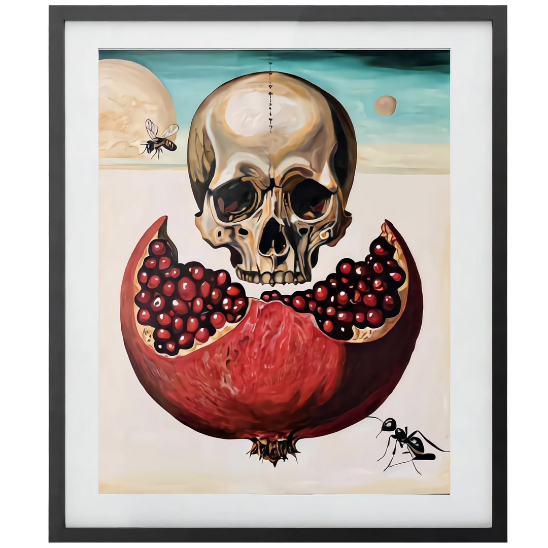 Victoria Saint Alchemy print featuring a skull above a split pomegranate with rich red seeds, symbolic elements of transformation, life and mortality set against a surreal, minimalist landscape.