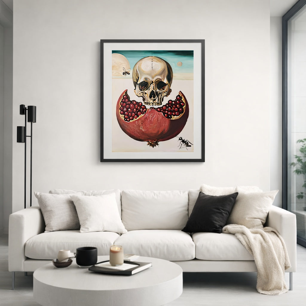 Victoria Saint Alchemy print featuring a skull above a split pomegranate with rich red seeds, symbolic elements of transformation, life and mortality set against a surreal, minimalist landscape.