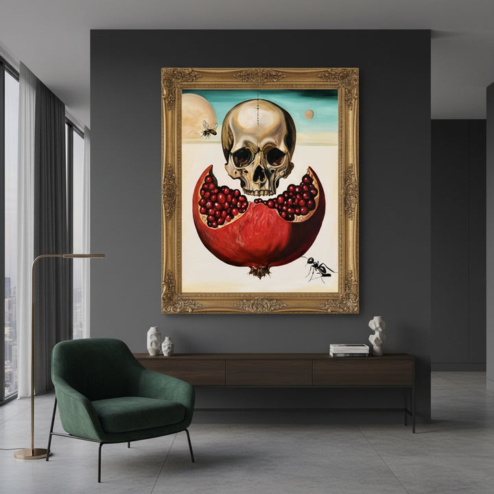 Victoria Saint Alchemy oil painting featuring a skull above a split pomegranate with rich red seeds, symbolic elements of transformation, life and mortality set against a surreal, minimalist landscape.