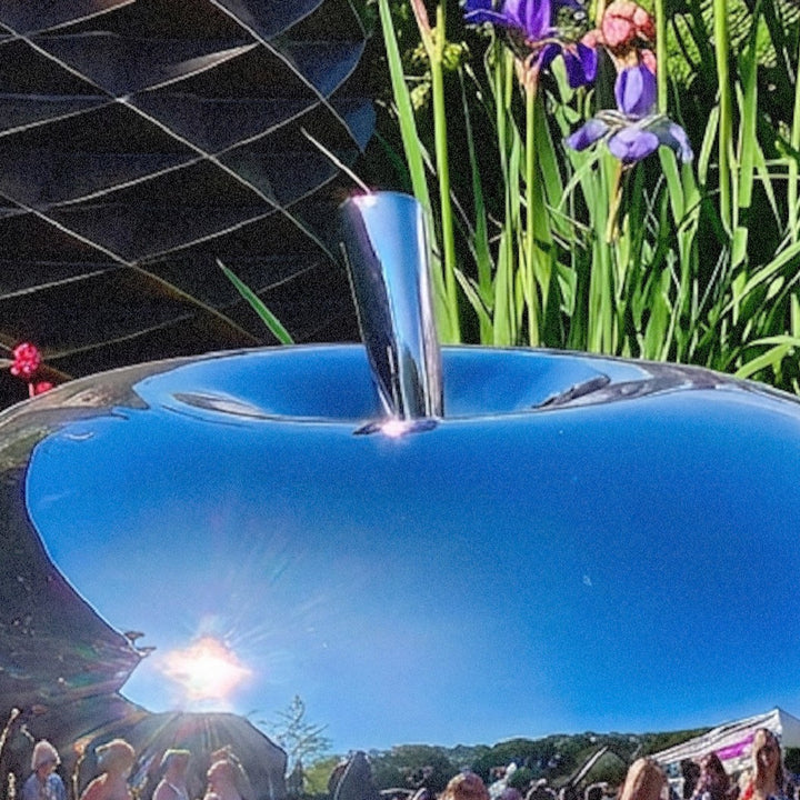 Mirror-polished stainless steel apple sculpture by James Parker, with a smooth reflective surface and softly rounded sculptural form.