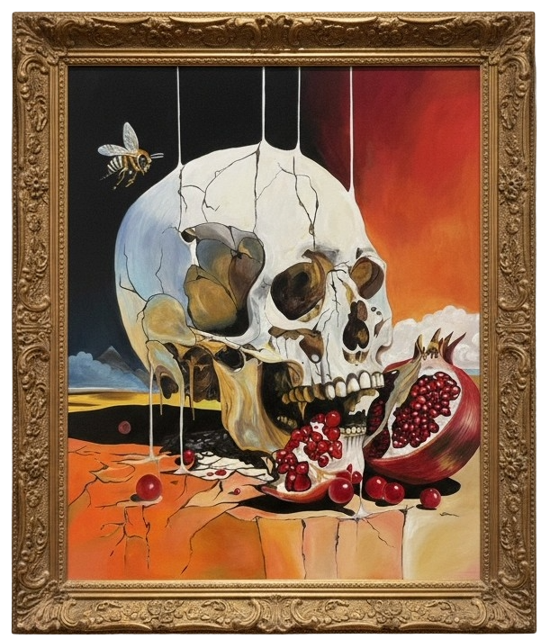 Victoria Saint The Awakening oil painting of a cracked skull biting into a ripe pomegranate with vivid red seeds, set against a surreal landscape, exploring themes of desire, awareness and transformation.