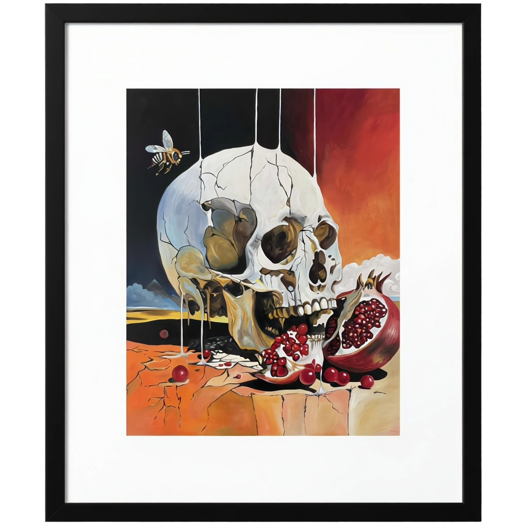 Victoria Saint The Awakening print of a cracked skull biting into a ripe pomegranate with vivid red seeds, set against a surreal landscape, exploring themes of desire, awareness and transformation.