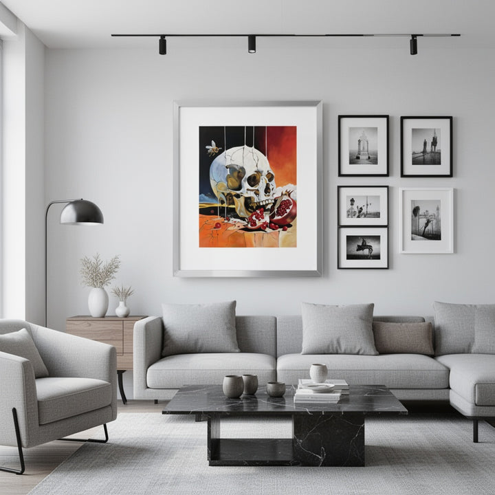 Victoria Saint The Awakening print of a cracked skull biting into a ripe pomegranate with vivid red seeds, set against a surreal landscape, exploring themes of desire, awareness and transformation.