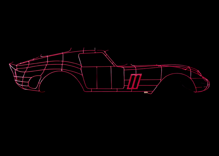 Handcrafted Ferrari 250 GTO wire sculpture by Chris Twitchell, capturing the elegant profile of the legendary 1962 Series 1 Scaglietti body. Finished in Rosso Chiaro red and mounted on a sleek black panel, this sculptural study reimagines the original Maranello buck in minimalist wire form — a fusion of precision engineering, Italian design, and contemporary British craftsmanship.