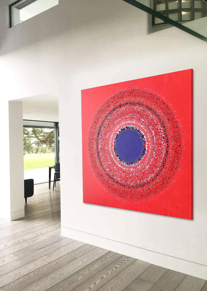 Large abstract painting “Ellipsis” by Swarez — bold square composition with a deep violet central circle surrounded by concentric rings of paint droplets and splashes on a vivid matte red background. Energetic, dynamic halo effect created by spin technique.
