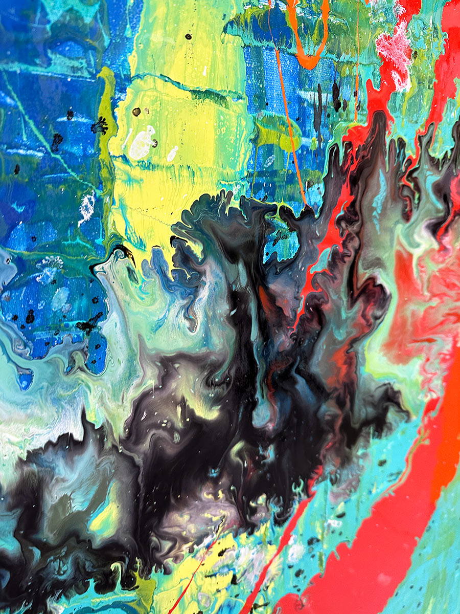Large abstract painting “Infinite Light” by Swarez — vibrant sweeping strokes of scarlet red, fiery orange and deep burgundy layered over a luminous turquoise and lime green base, with accents of cobalt blue and black. Highly textured enamel surface with bold movement and glossy, light-catching details.