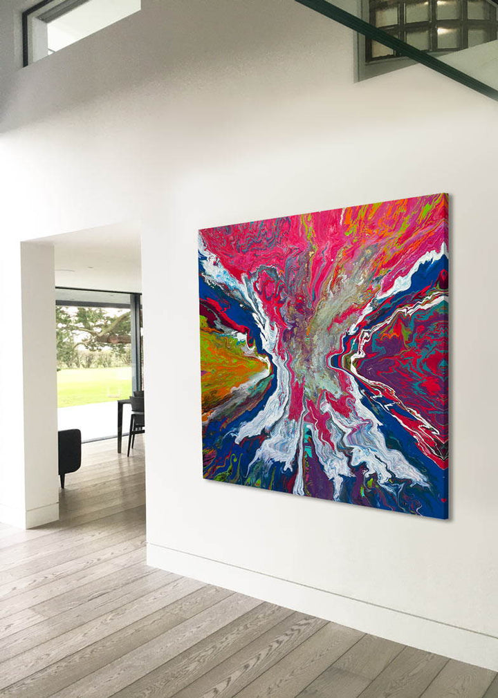 Large square abstract painting “United We Stand” by Swarez — a high-impact explosion of swirling magenta and deep blue blending with metallic gold, copper, turquoise, vivid orange, lime green, crisp white and rich black. Layers of glossy enamel paint radiate outward from the centre in fluid marbled streams, creating a dramatic, multi-directional composition full of energy and movement.
