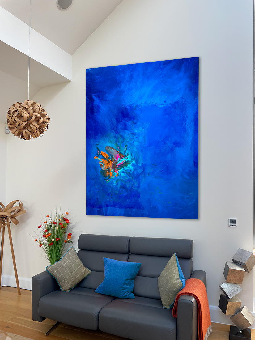 Large abstract painting “Into the Blue” by Swarez — deep ocean-inspired composition with layered shades of cobalt, ultramarine, turquoise, and teal blue. Vivid bursts of fiery orange, vibrant fuchsia, aqua, and rich purple emerge in the centre, with swirling, glossy enamel textures creating movement and depth.
