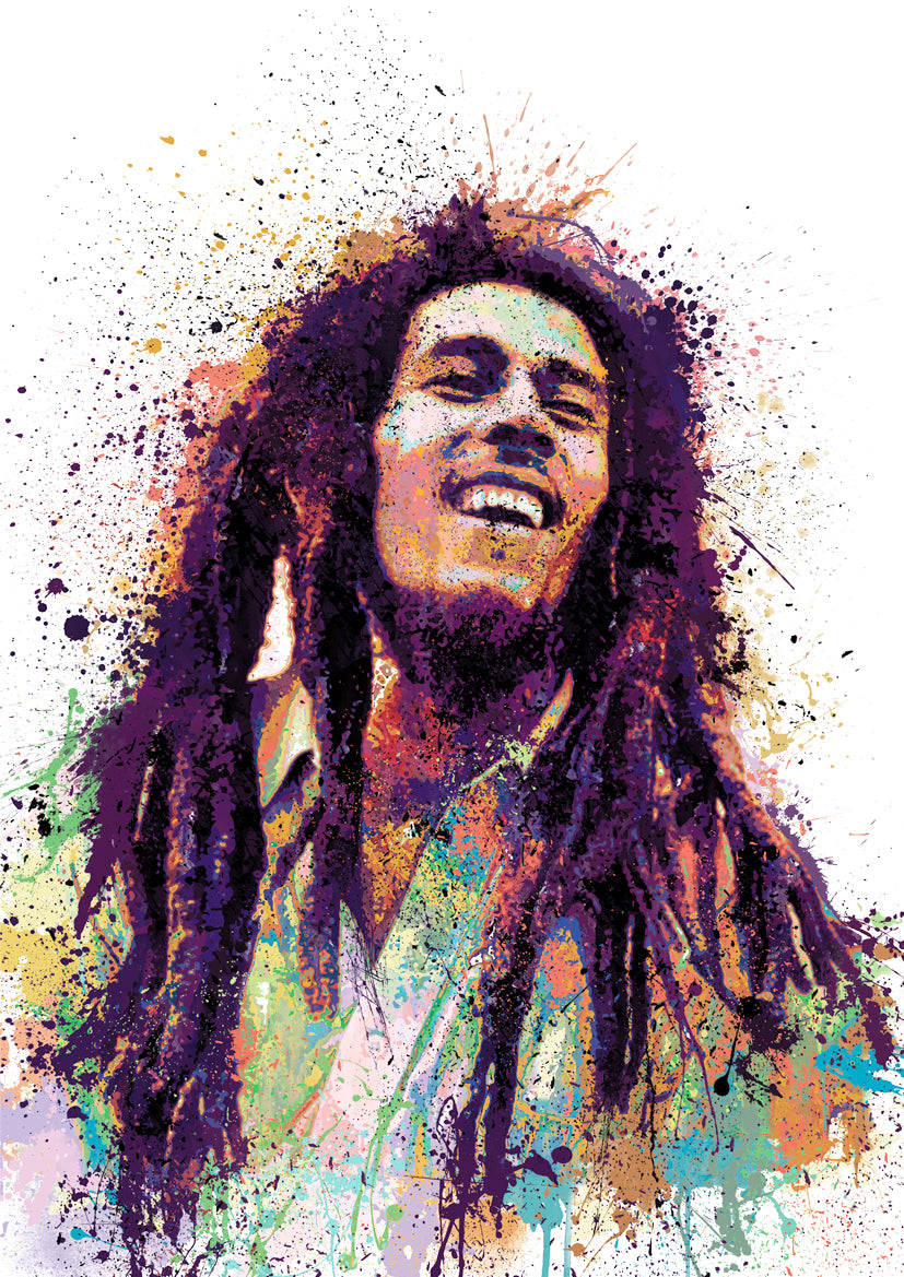 Dynamic portrait of Bob Marley smiling with closed eyes, rendered in expressive splashes of vibrant colour against a clean white background.