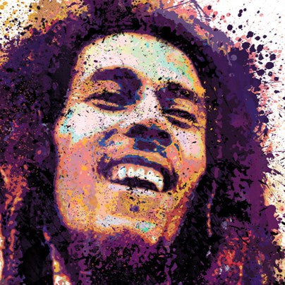 Dynamic portrait of Bob Marley smiling with closed eyes, rendered in expressive splashes of vibrant colour against a clean white background.