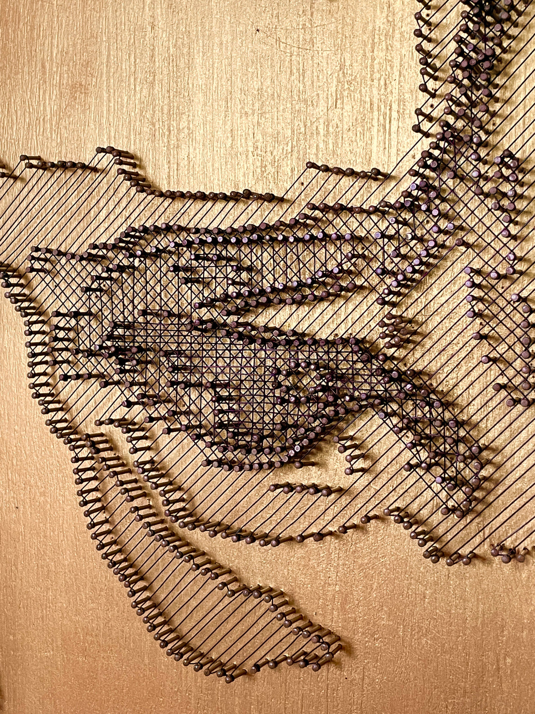 Portrait of David Bowie formed from fine black enamelled copper wire tensioned around thousands of small nails on a gold-toned board, with layered linear wiring defining facial features and hair through tonal contrast, depth and shadow across a textured metallic surface that shifts with light and viewing angle.