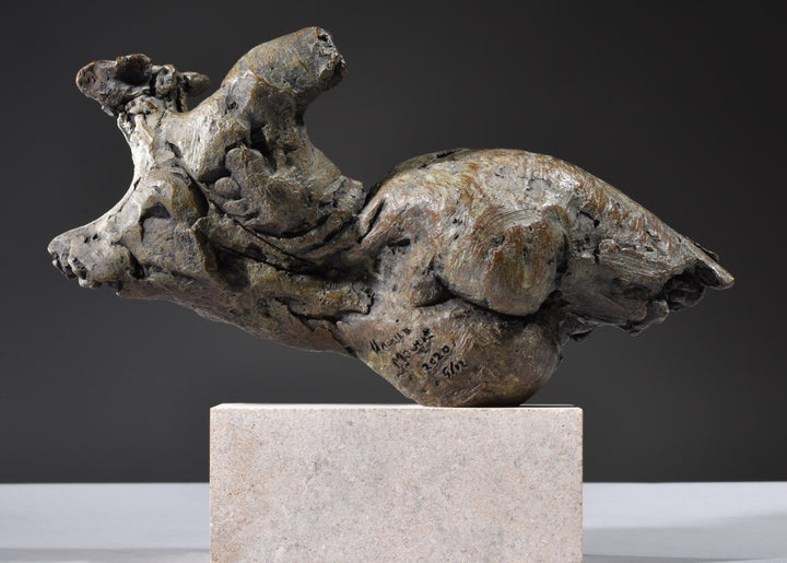 ‘Nude Emergence Torso’ by Hamish Mackie, a limited-edition contemporary bronze figurative sculpture depicting a fragmented reclining female nude torso. Inspired by ancient sculptural artefacts, the abstracted human form features rough, expressive modelling, weathered surfaces and an earthy brown bronze patina. Mounted horizontally on a rectangular Ancaster Weatherbed stone plinth, the sculpture explores the natural beauty and tactile qualities of the female form.