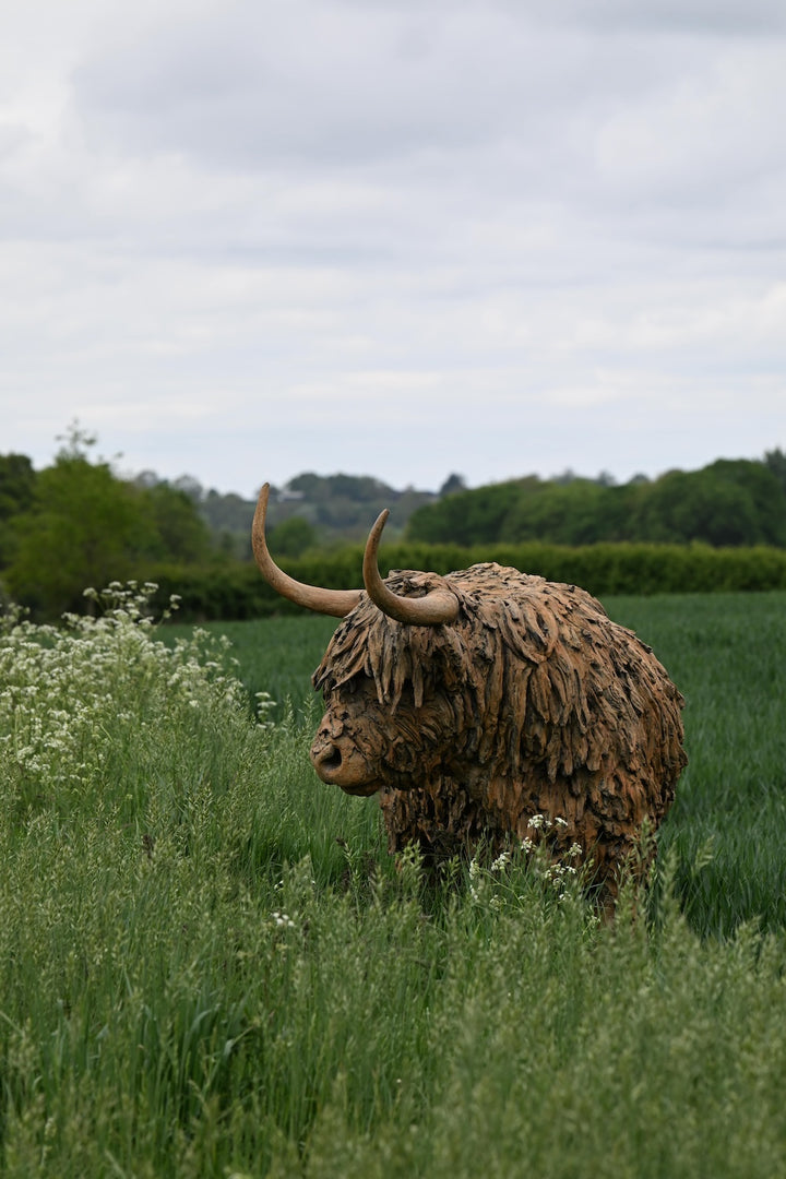 ‘Highland Cow: Life Size’ by Hamish Mackie, a life-size limited-edition bronze sculpture depicting a Scottish Highland cow standing in a grassy field. The sculpture features long, sweeping horns, a broad muzzle and a heavily textured, shaggy coat falling over the animal’s eyes. Finished in warm earthy brown bronze, the realistic wildlife sculpture captures the distinctive character and rugged appearance of the Highland breed.