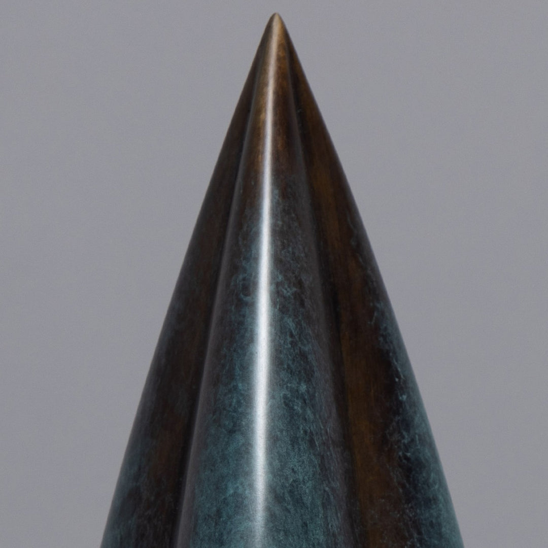 Patinated bronze Bud sculpture by James Parker, with smooth swelling curves, a tapered organic form and a calm sense of growth and renewal.