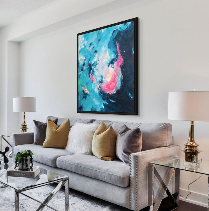 An abstract mixed-media painting in vibrant teal, turquoise, deep navy and neon pink, with layered textures and soft airbrushed transitions creating a swirling, cloud-like composition that shifts between calm spaces and energetic bursts of colour.