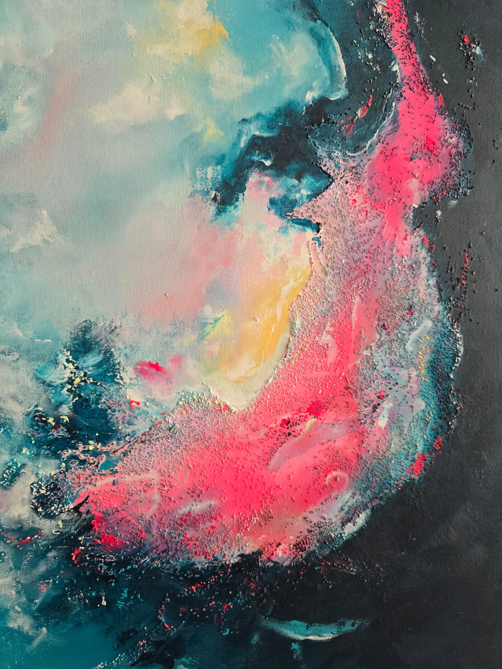 An abstract mixed-media painting in vibrant teal, turquoise, deep navy and neon pink, with layered textures and soft airbrushed transitions creating a swirling, cloud-like composition that shifts between calm spaces and energetic bursts of colour.