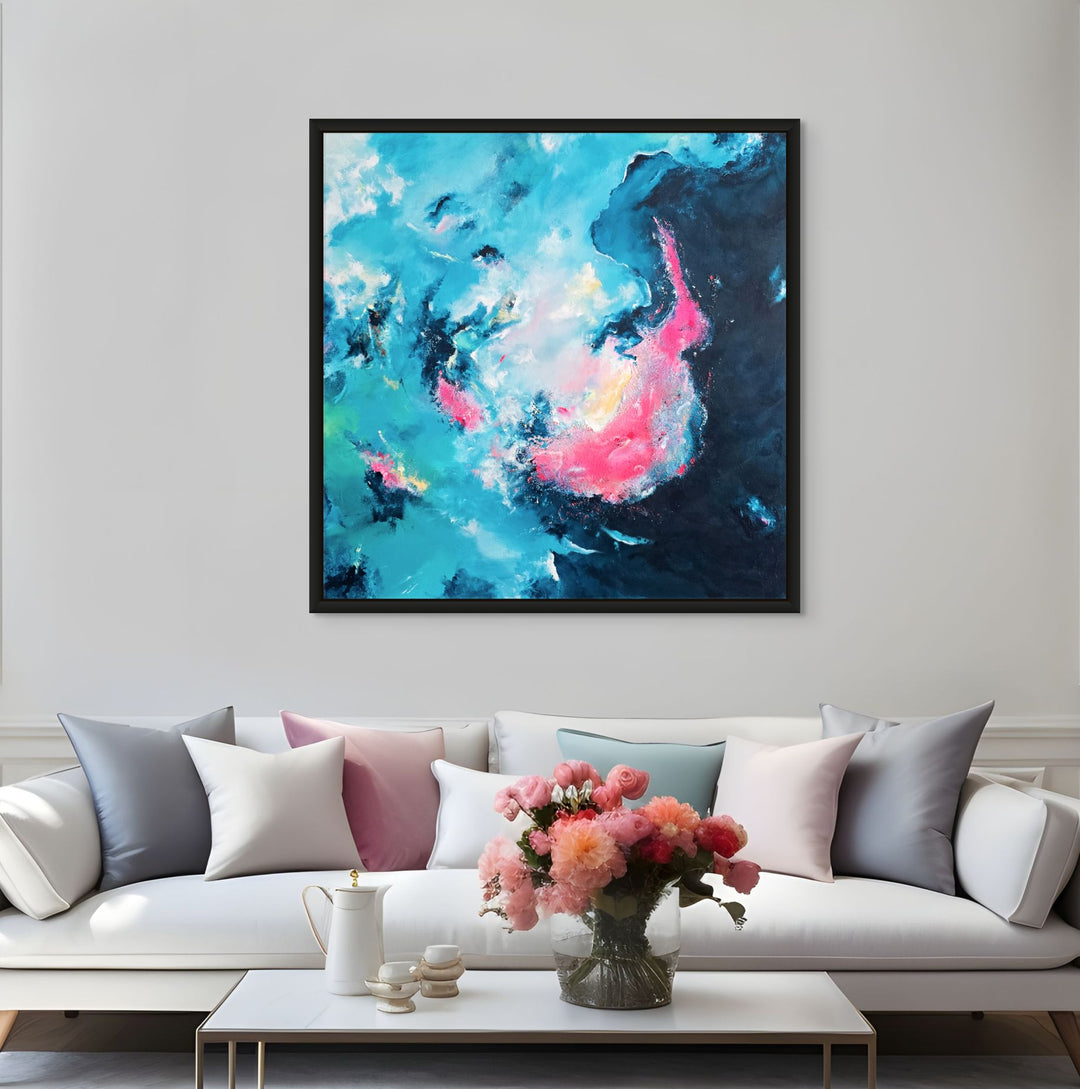 An abstract mixed-media painting in vibrant teal, turquoise, deep navy and neon pink, with layered textures and soft airbrushed transitions creating a swirling, cloud-like composition that shifts between calm spaces and energetic bursts of colour.